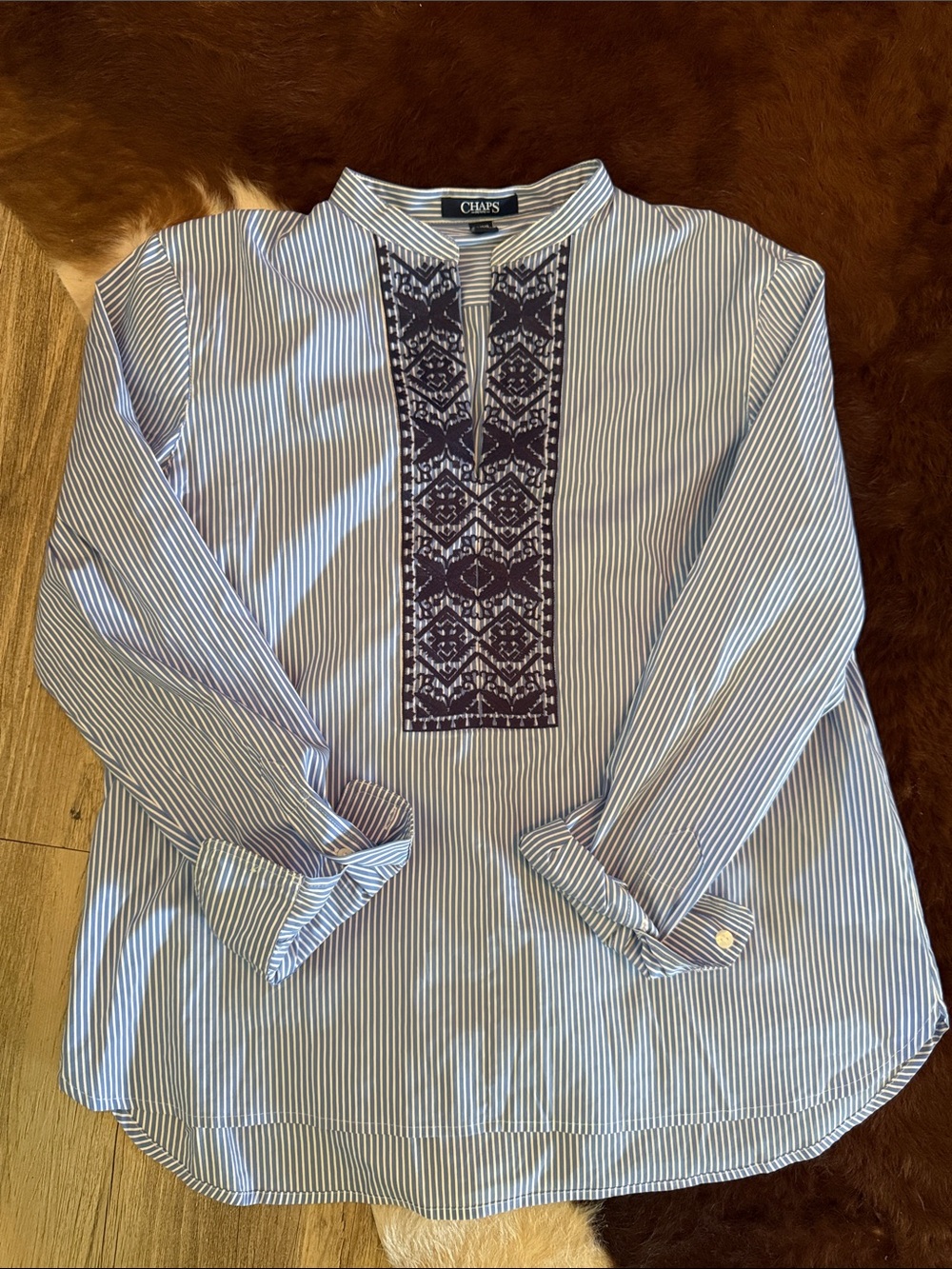 Chaps Blue and White Striped Women’s Embroidered Tunic Blouse